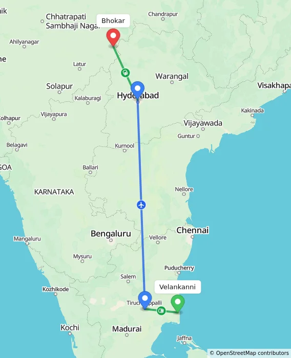 Route map showing distance and travel time from Velankanni, India to Bhokar, India