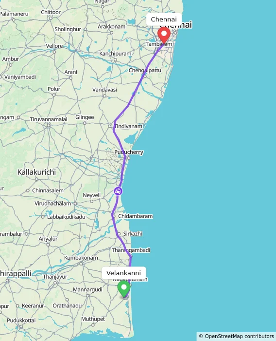 Route map showing distance and travel time from Velankanni, India to Chennai, India