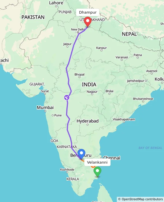 Route map showing distance and travel time from Velankanni, India to Dhampur, India