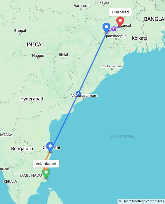 Route map showing distance and travel time from Velankanni, India to Dhanbad, India