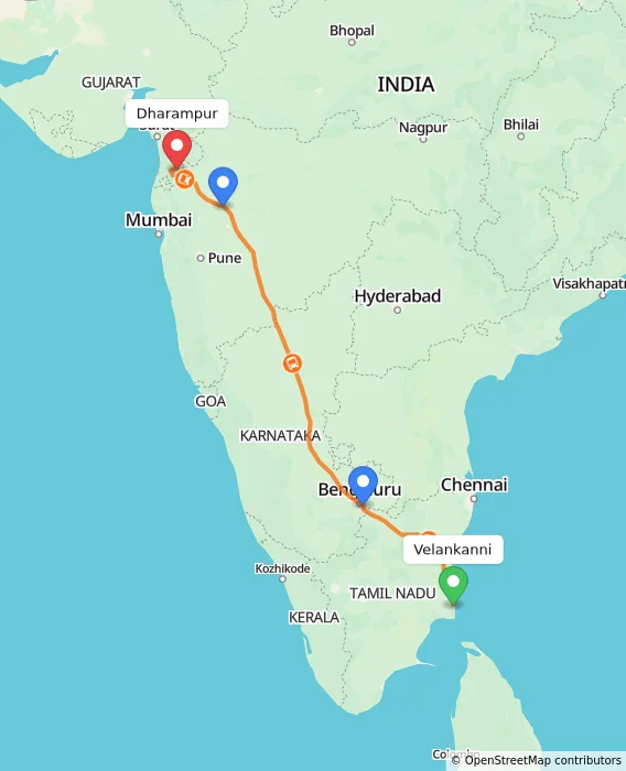Route map showing distance and travel time from Velankanni, India to Dharampur, India