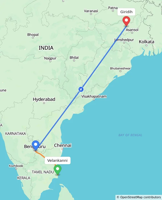 Route map showing distance and travel time from Velankanni, India to Giridih, India