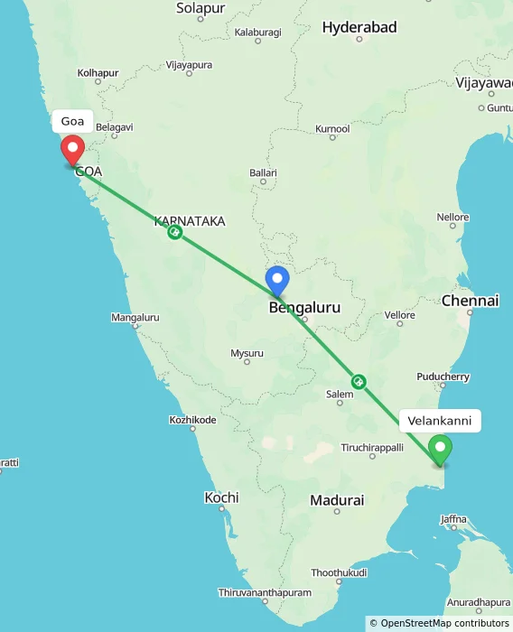 Route map showing distance and travel time from Velankanni, India to Goa, India