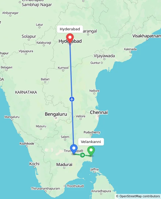 Route map showing distance and travel time from Velankanni, India to Hyderabad, India