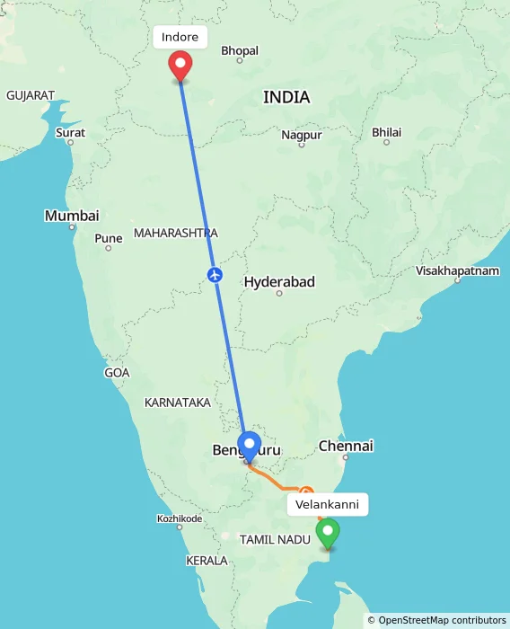 Route map showing distance and travel time from Velankanni, India to Indore, India