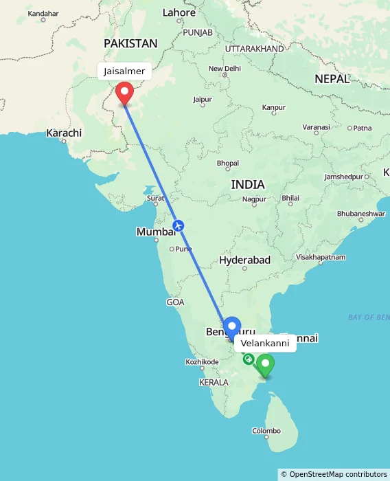 Route map showing distance and travel time from Velankanni, India to Jaisalmer, India