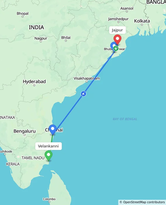 Route map showing distance and travel time from Velankanni, India to Jajpur, India