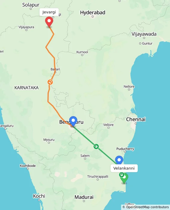 Route map showing distance and travel time from Velankanni, India to Jevargi, India