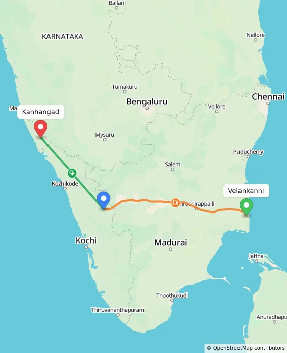 Route map showing distance and travel time from Velankanni, India to Kanhangad, India