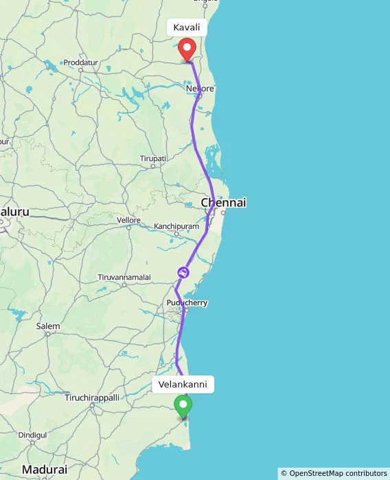 Route map showing distance and travel time from Velankanni, India to Kavali, India