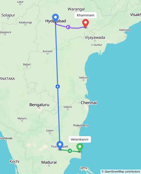 Route map showing distance and travel time from Velankanni, India to Khammam, India