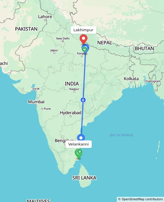 Route map showing distance and travel time from Velankanni, India to Lakhimpur, India