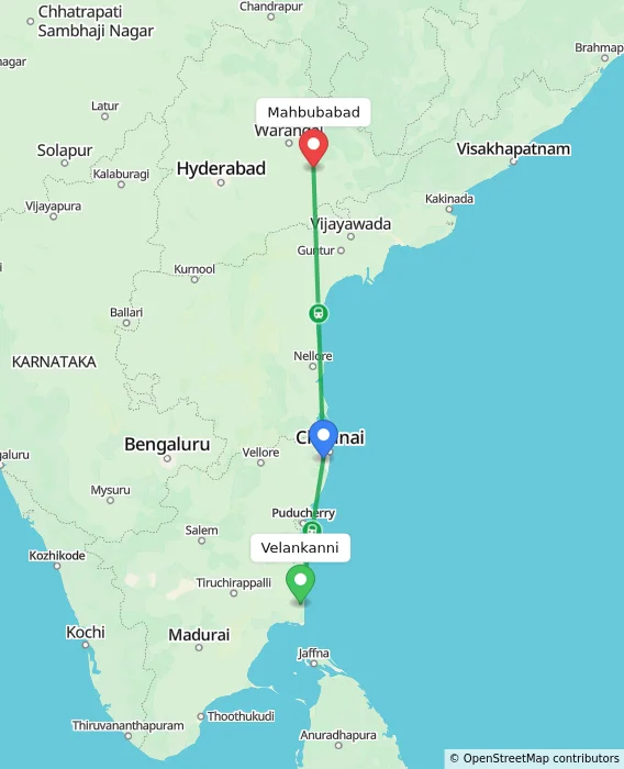 Route map showing distance and travel time from Velankanni, India to Mahbubabad, India
