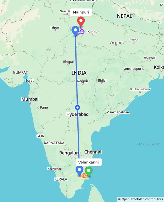 Route map showing distance and travel time from Velankanni, India to Mainpuri, India