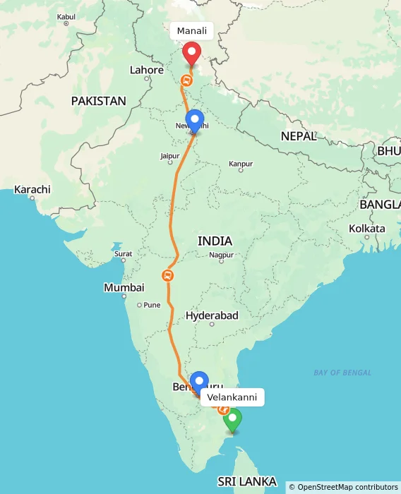 Route map showing distance and travel time from Velankanni, India to Manali, India