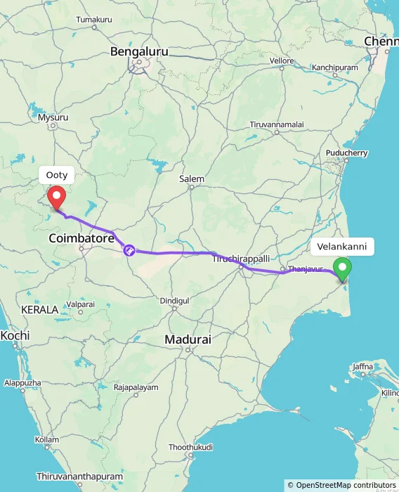 Route map showing distance and travel time from Velankanni, India to Ooty, India