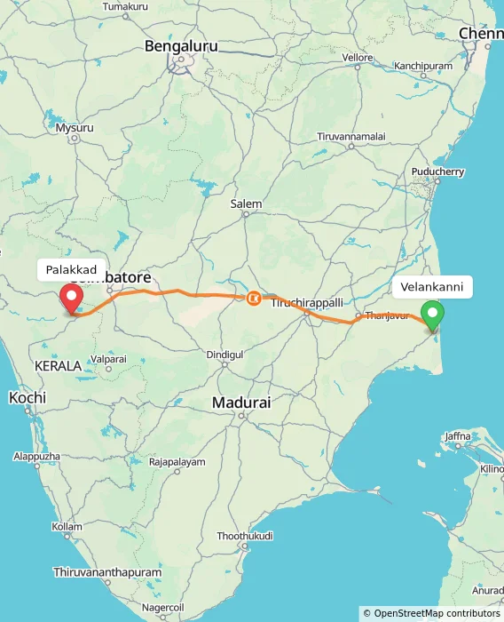 Route map showing distance and travel time from Velankanni, India to Palakkad, India