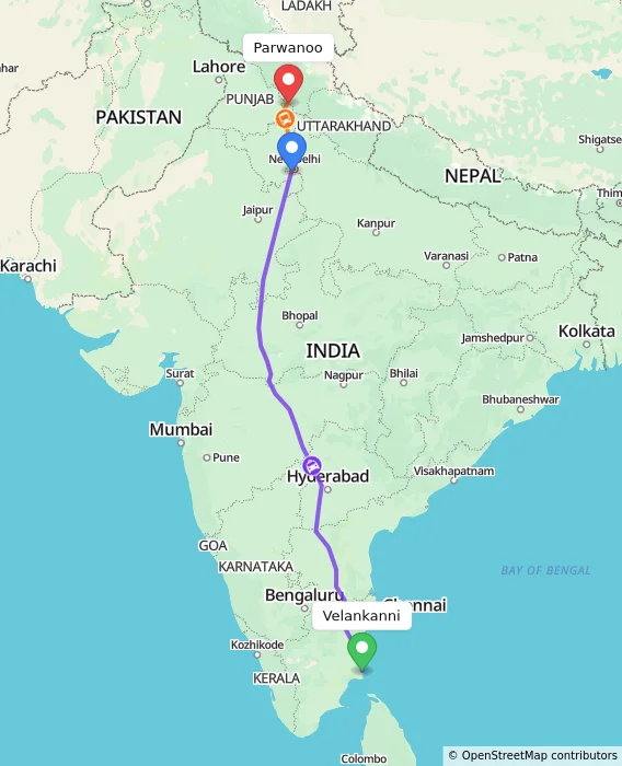 Route map showing distance and travel time from Velankanni, India to Parwanoo, India