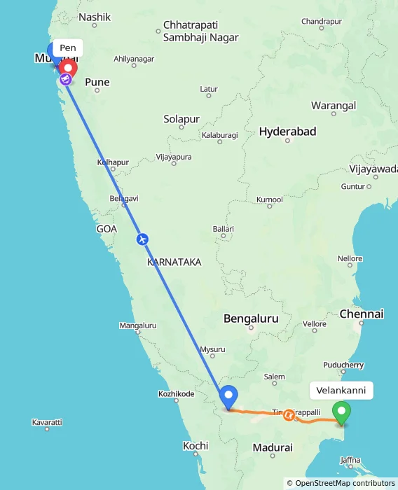 Route map showing distance and travel time from Velankanni, India to Pen, India