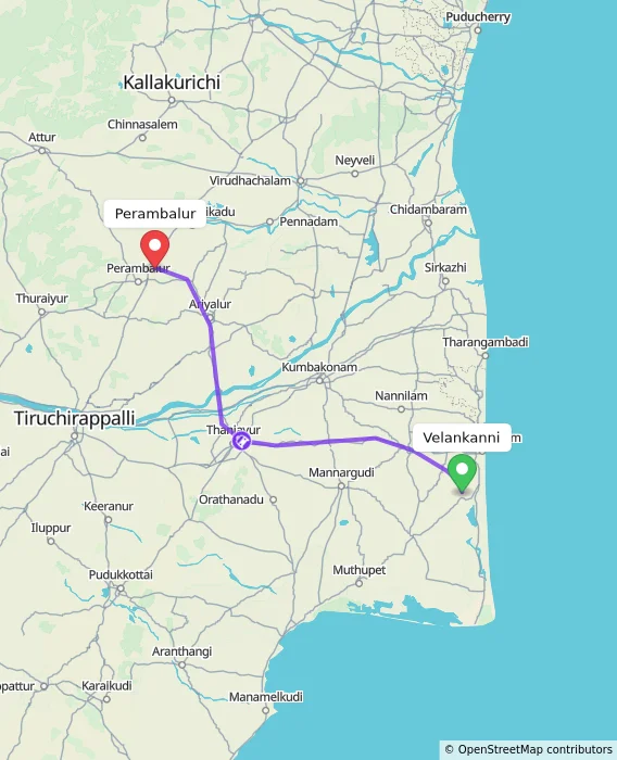 Route map showing distance and travel time from Velankanni, India to Perambalur, India