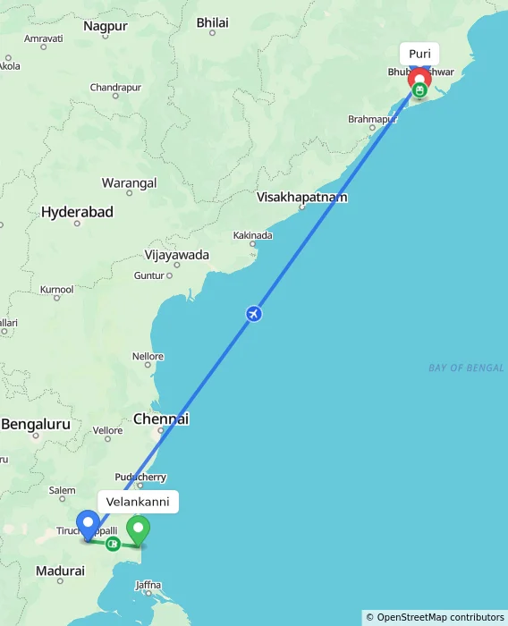 Route map showing distance and travel time from Velankanni, India to Puri, India