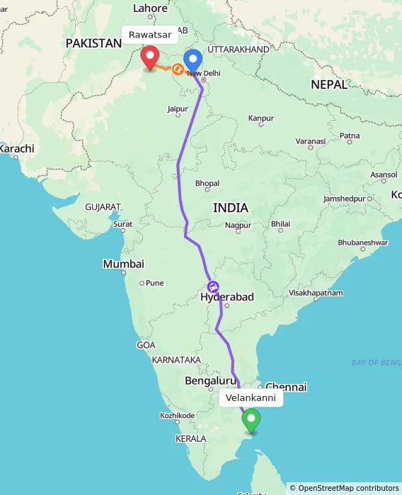 Route map showing distance and travel time from Velankanni, India to Rawatsar, India