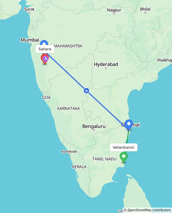 Route map showing distance and travel time from Velankanni, India to Satara, India