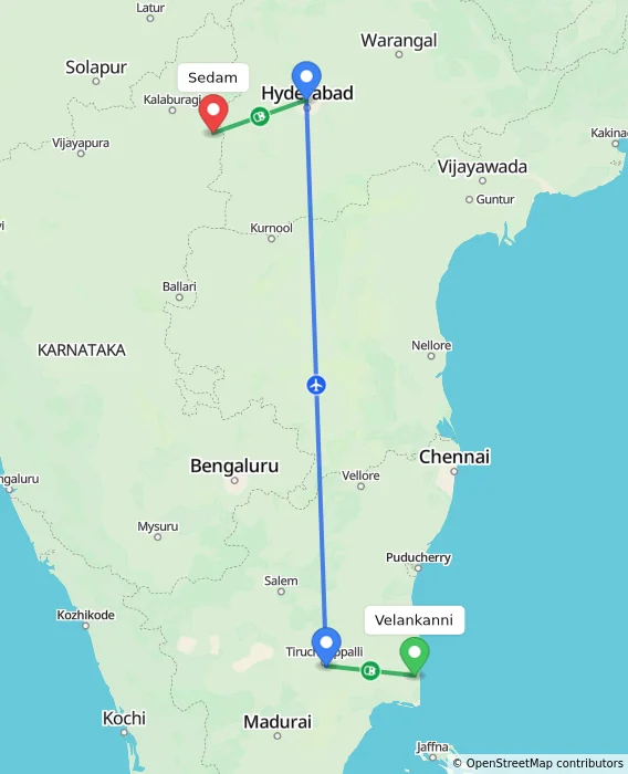 Route map showing distance and travel time from Velankanni, India to Sedam, India