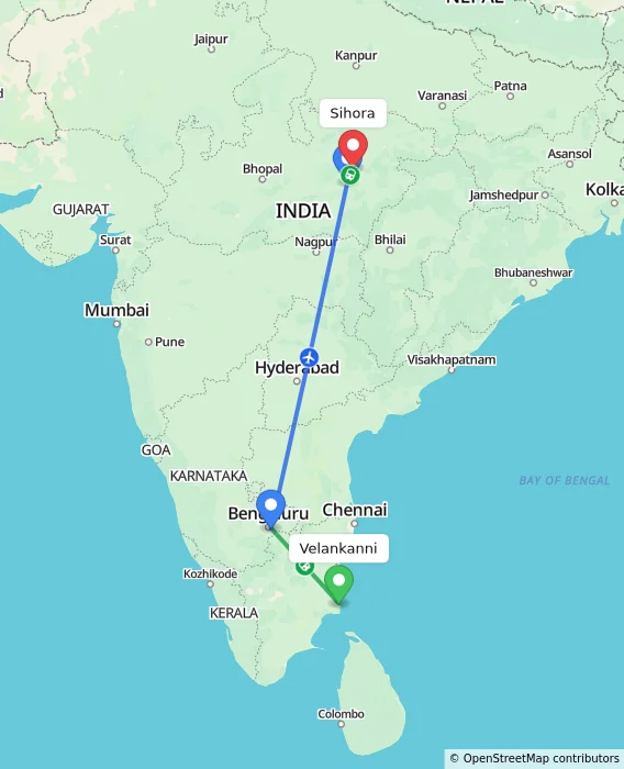Route map showing distance and travel time from Velankanni, India to Sihora, India