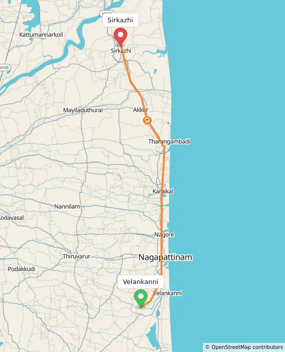 Route map showing distance and travel time from Velankanni, India to Sirkazhi, India