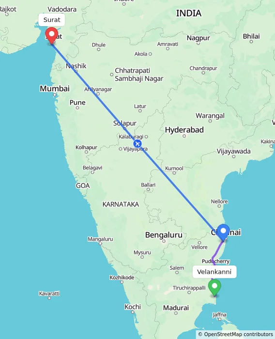 Route map showing distance and travel time from Velankanni, India to Surat, India