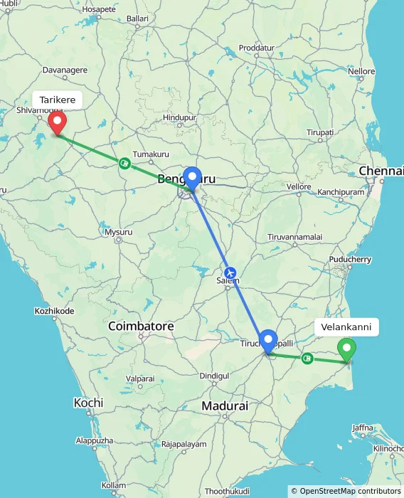 Route map showing distance and travel time from Velankanni, India to Tarikere, India