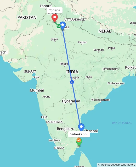 Route map showing distance and travel time from Velankanni, India to Tohana, India