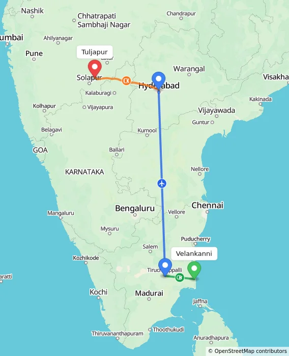 Route map showing distance and travel time from Velankanni, India to Tuljapur, India
