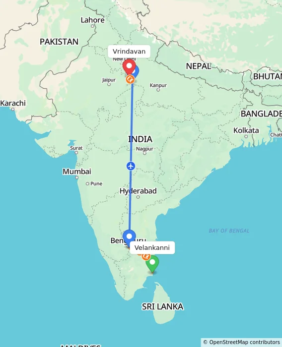Route map showing distance and travel time from Velankanni, India to Vrindavan, India