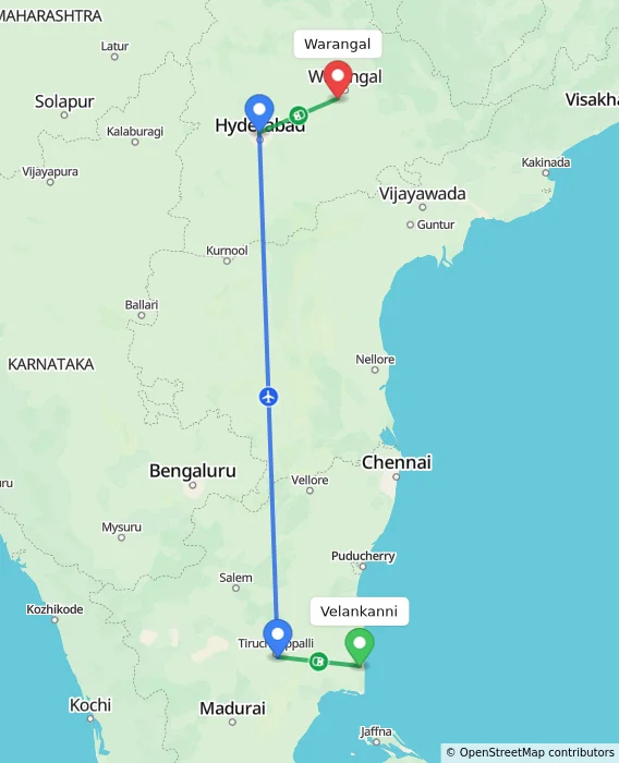 Route map showing distance and travel time from Velankanni, India to Warangal, India