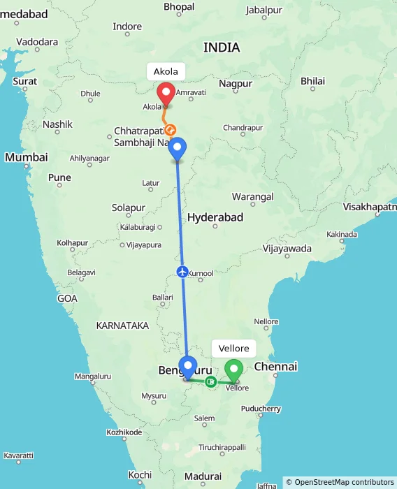 Route map showing distance and travel time from Vellore, India to Akola, India