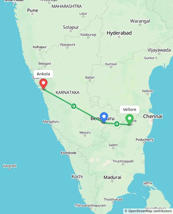 Route map showing distance and travel time from Vellore, India to Ankola, India