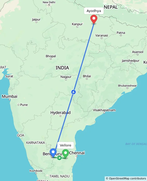 Route map showing distance and travel time from Vellore, India to Ayodhya, India