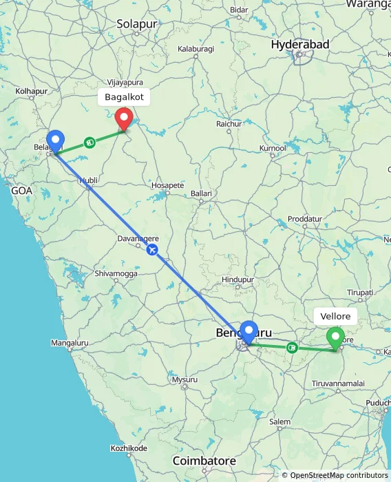 Route map showing distance and travel time from Vellore, India to Bagalkot, India