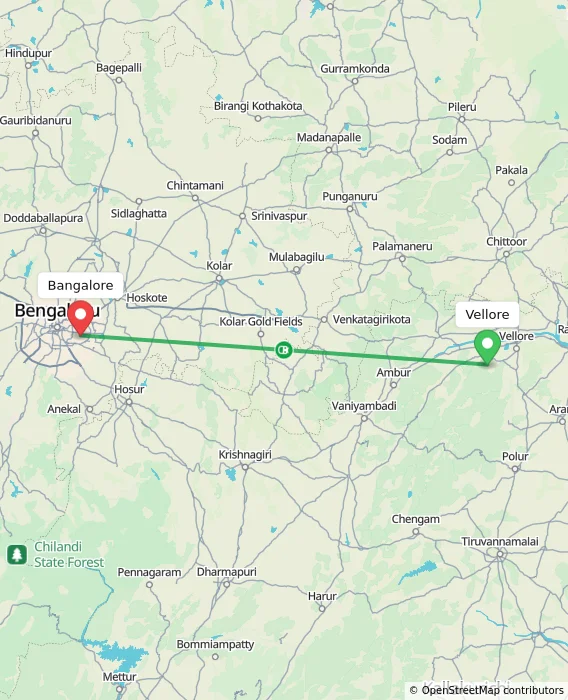 Route map showing distance and travel time from Vellore, India to Bangalore, India