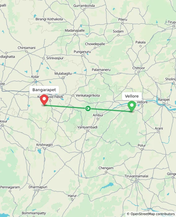 Route map showing distance and travel time from Vellore, India to Bangarapet, India