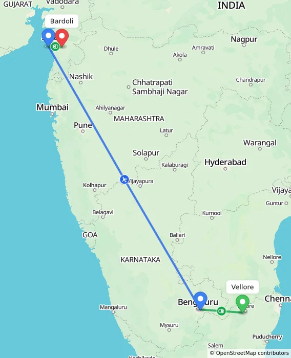 Route map showing distance and travel time from Vellore, India to Bardoli, India