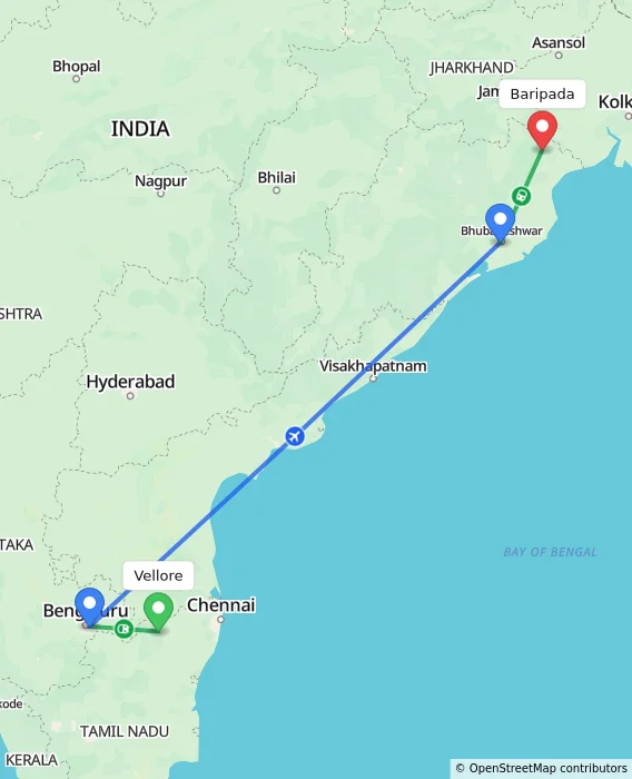 Route map showing distance and travel time from Vellore, India to Baripada, India