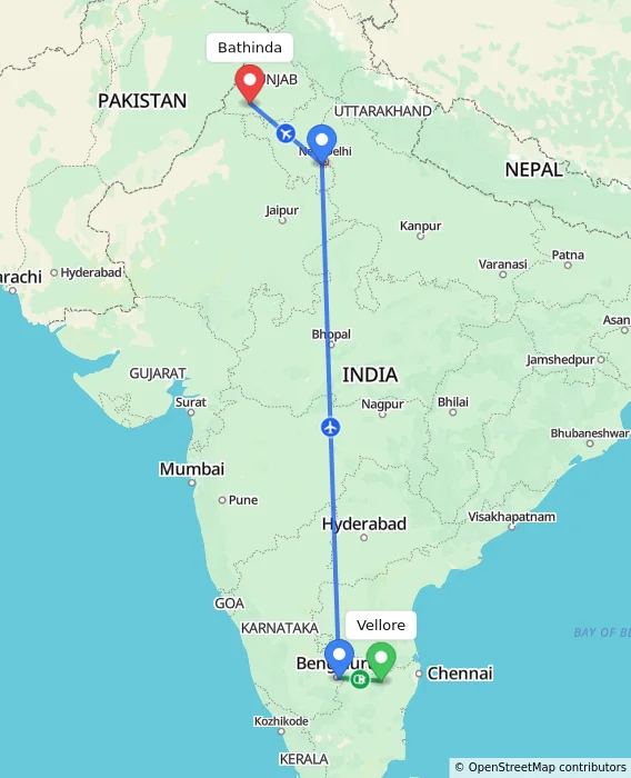 Route map showing distance and travel time from Vellore, India to Bathinda, India