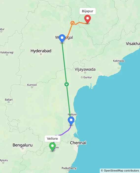 Route map showing distance and travel time from Vellore, India to Bijapur, India