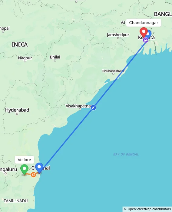 Route map showing distance and travel time from Vellore, India to Chandannagar, India