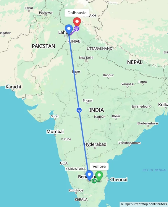 Route map showing distance and travel time from Vellore, India to Dalhousie, India