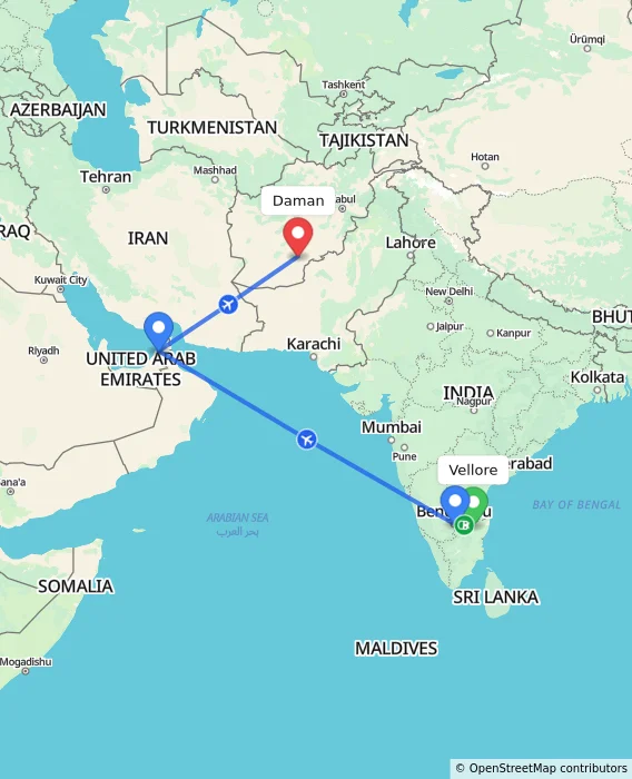 Route map showing distance and travel time from Vellore, India to Daman, Afghanistan