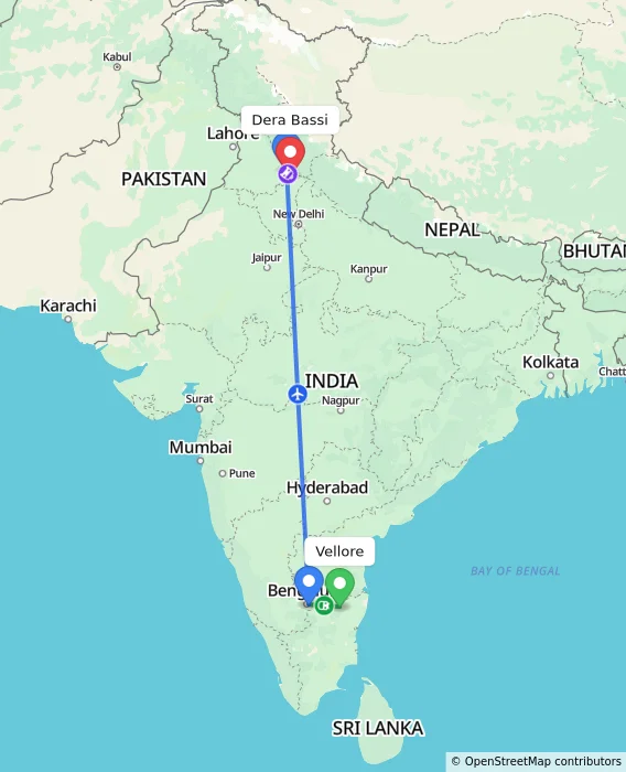 Route map showing distance and travel time from Vellore, India to Dera Bassi, India